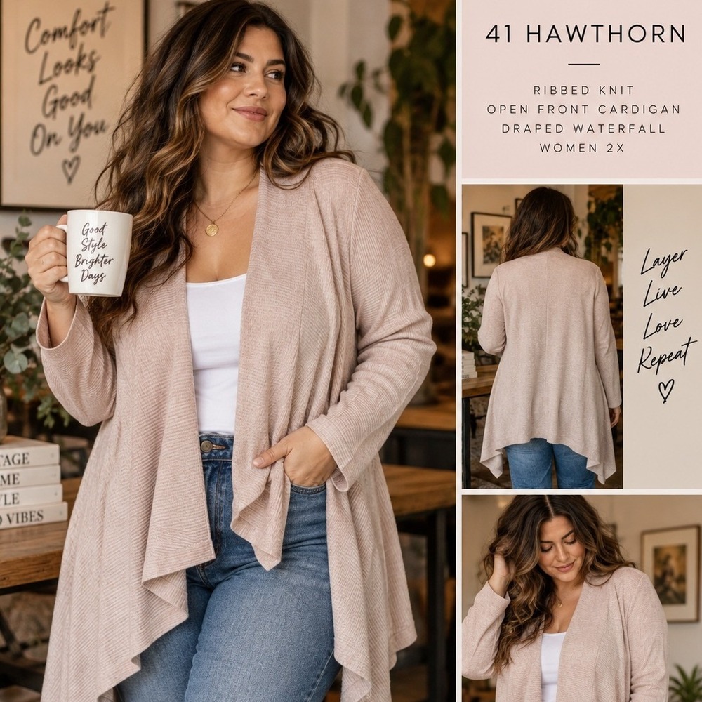 41 Hawthorn Cardigan Women 2X Pink Ribbed Open Front Draped Waterfall Knit